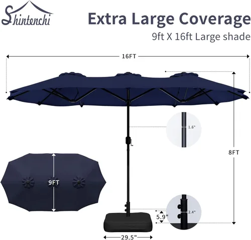 Miniatura 4 de Shintenchi Sombrilla de patio grande de 16 pies con base, sombrilla rectangular de doble cara para exteriores, sombrilla de mercado con manivela