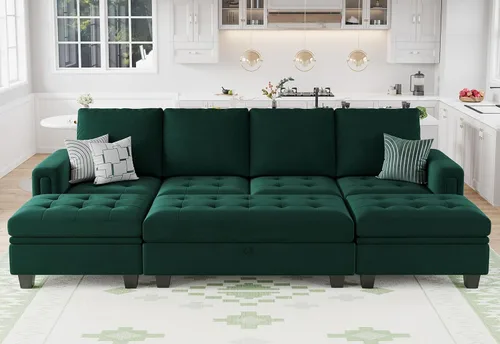 Miniatura 12 de Belffin Sofá cama modular convertible de terciopelo de 4 asientos con diván reversible, sofá cama seccional con almacenamiento otomano seccional