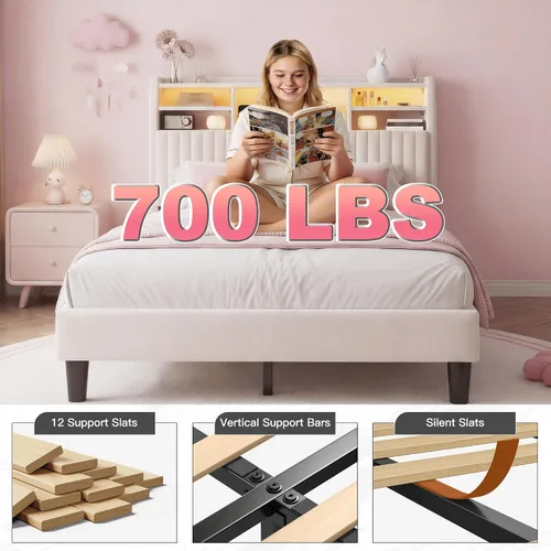 Miniatura 7 de Homkdom Base de cama de tamaño matrimonial, cabecera tapizada de canal vertical con estantes de almacenamiento, marco de cama de terciopelo con Beige