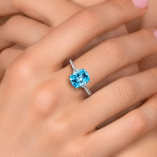 Miniatura 4 de Gem Stone King Anillo de compromiso de topacio azul suizo y zafiro blanco de 4.00 quilates para mujer, juego en plata de ley 925, corte cojín