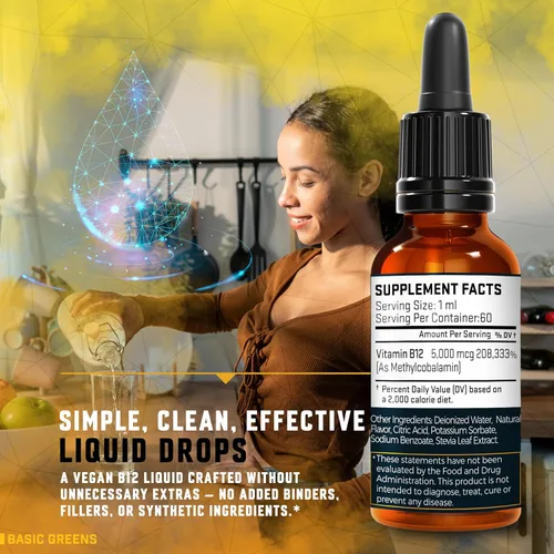 Miniatura 3 de Vitamina B12 - Gotas líquidas de 5000 mcg, fórmula líquida B12 sublingual de metilcobalamina, suplemento B-12 vegano sabor cereza para mujeres
