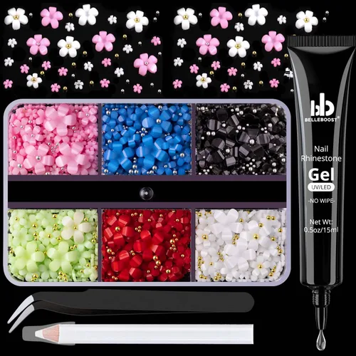 Miniatura 21 de Dijes para uñas 3D, kit de manicura con gel de pegamento de diamantes de imitación para uñas (curado UV), mariposa blanca rosa flor gemas AB 03-2