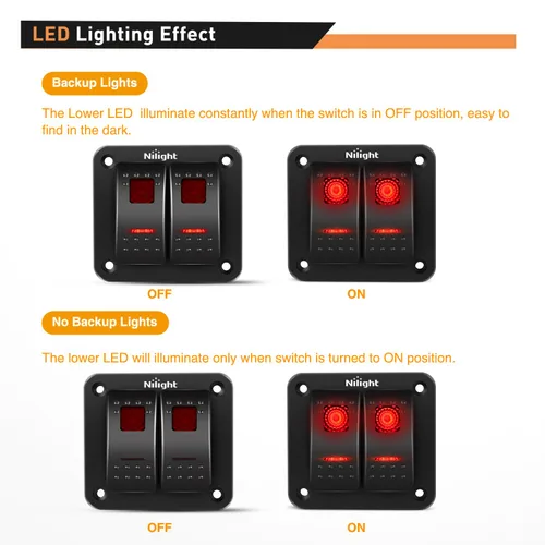 Miniatura 3 de Nilight Panel de interruptor basculante de 2 posiciones, 12V 24V DC, interruptores rojos, aluminio, 5 pines, ON OFF, precableado, impermeable