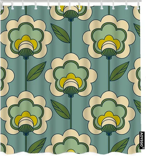 AOYEGO Cortina de ducha larga con ganchos, diseño de estilo de decoración de los años setenta y sesenta, cortina de ducha de tela floral de