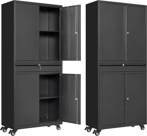 Miniatura 23 de Gabinete de almacenamiento de metal para garaje, armario de almacenamiento con cerradura de 71 pulgadas con 2 estantes ajustables y 1 cajón