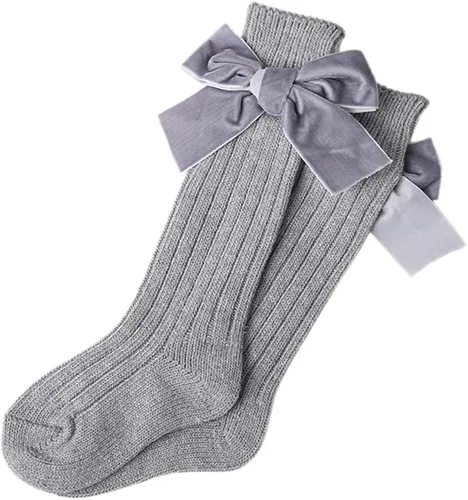 Miniatura 7 de Kayotuas Calcetines altos hasta la rodilla con lazos, calcetines de uniforme con volantes de tubo largo, calcetines de punto acanalado para bebés