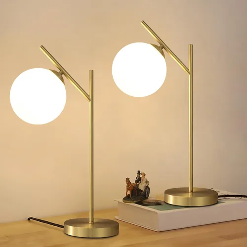 Juego de 2 lámparas de mesa de globo, lámpara de escritorio de latón y vidrio con pantalla de vidrio blanco lechoso, lámpara de pie contemporánea de