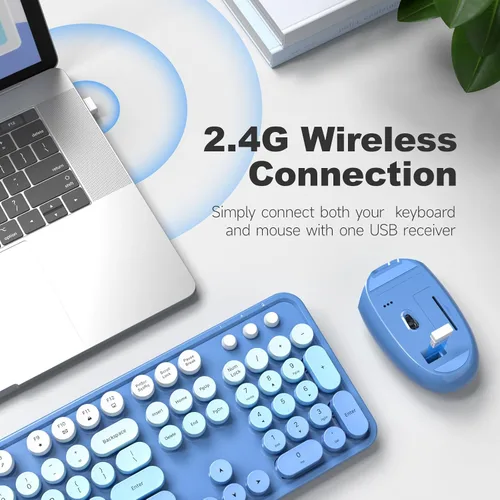 Miniatura 79 de KNOWSQT Combo de teclado y ratón inalámbrico, teclados lindos de tamaño completo estilo máquina de escribir 2.4G azul colorido - receptor USB Plug