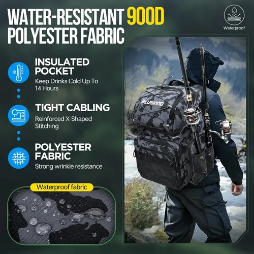 Miniatura 8 de PLUSINNO - Mochila de pesca con portacañas y enfriador de 45L, mochila grande resistente al agua para aparejos de pesca, ideal para guardar
