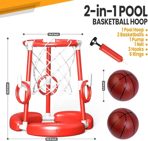 Miniatura 3 de SpringFlower Aro de baloncesto para piscina, juguetes flotantes para piscina, juego de anillo con lanzamiento de anillo, bolas y bomba, 2 en 1