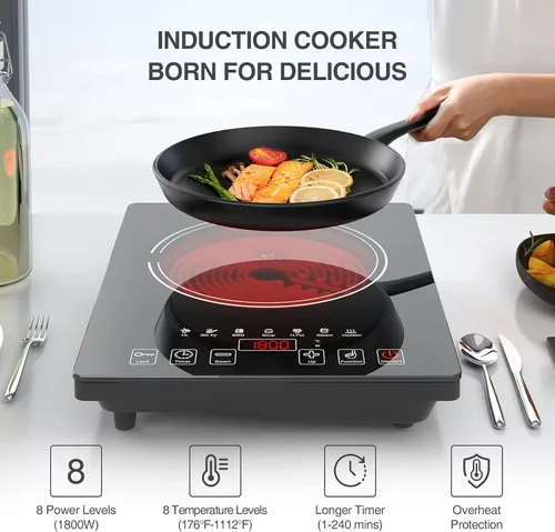 Miniatura 9 de Estufa Eléctrica, Placa de Cocina Eléctrica Portátil de 1800W de Quemador Único con Pantalla Táctil LED, 8 Niveles de Potencia y 8 Niveles de Negro
