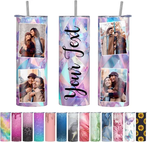 Vaso personalizado con imagen personalizada con tapa de nombres de fotos y pajita, vasos delgados personalizados para mujeres y hombres, Navidad,