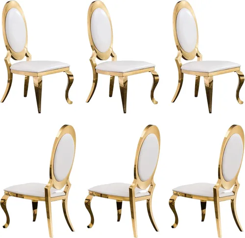 Miniatura 11 de ACEDÉCOR Sillas de comedor blancas y doradas, modernas sillas de piel sintética blanca, magnífica silla ovalada con respaldo de acero inoxidable