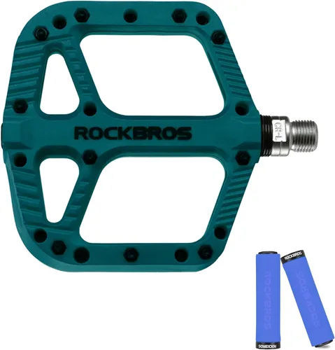 ROCKBROS Pedales de bicicleta de montaña Rodamiento compuesto de nylon 9/16 "MTB Pedales de bicicleta con plataforma plana ancha azul