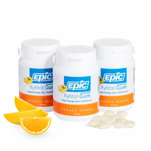 Epic Goma de mascar 100% xilitol naranja y mango, sin azúcar, sin aspartamo, ayuda a la salud bucal y el aliento fresco, 50 piezas (paquete de 3)