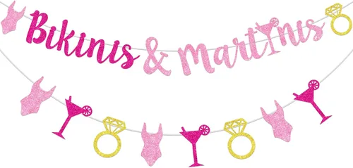 Cartel de bikinis y martinis con guirnalda de despedida de soltera, decoraciones de bikinis y martinis de color rosa intenso, decoración de