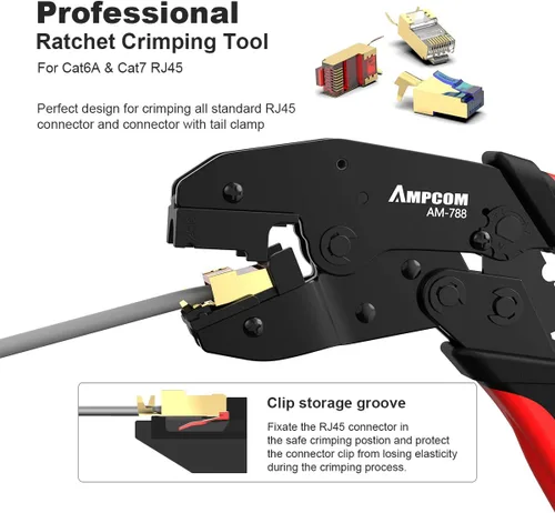 Miniatura 2 de AMPCOM Crimpadora de trinquete RJ45 de un solo paso para conector blindado Cat6A, Cat7