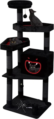 YARUOMY Árbol gótico para gatos con cama de ataúd, torre negra de 62.5 pulgadas con espacioso condominio para gatos estilo demonio, percha de felpa