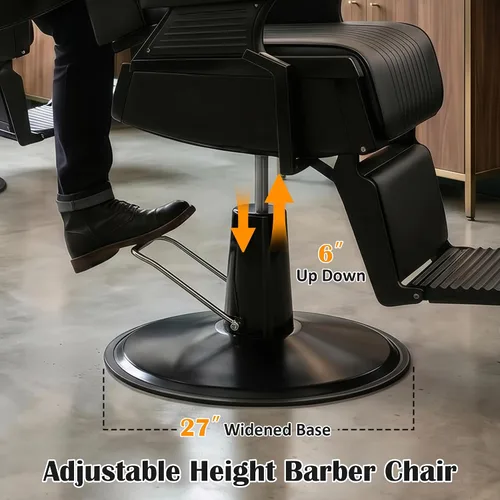 Miniatura 6 de Hydraulic Barber Chair All Black, 550LBS Heavy Duty Barbershop Chair, Adjustable Reclining Salon Chair, Professional Hair Stylist Chair for
