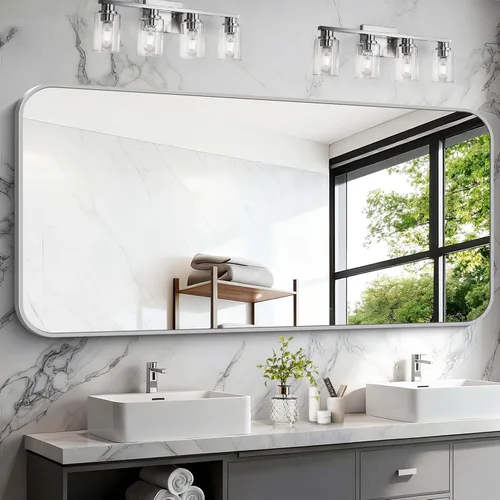 Miniatura 40 de Espejo de baño de 18 x 24 pulgadas con marco de metal negro rectangular, espejo de tocador rectangular de esquinas redondeadas, espejo de pared