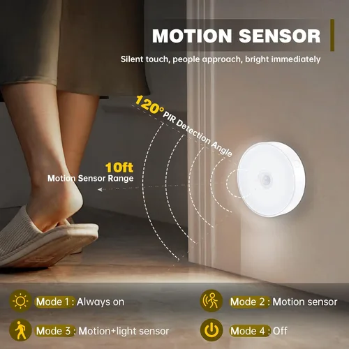 Miniatura 4 de LAVAED Paquete de 4 luces de disco con sensor de movimiento para interiores, luces LED de armario, luces nocturnas recargables por USB, 9 LED, 6000