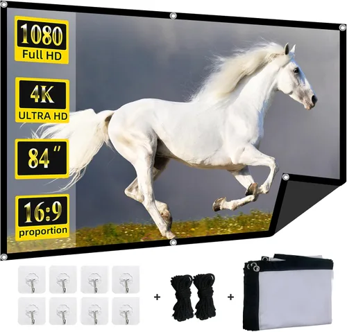 Pantalla de proyector plegable de 84 pulgadas, XINLEMY 4k 16:9 antiarrugas, portátil, lavable, con respaldo negro, absorbe las pantallas de