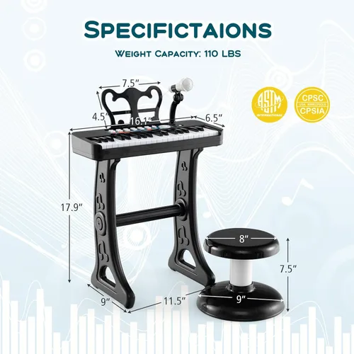 Miniatura 6 de Costzon Piano para niños, teclado de piano de juguete de 37 teclas con micrófono, taburete y soporte de música, piano electrónico portátil, juguete