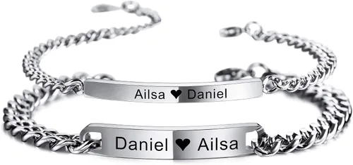 MeMeDIY Juego de pulseras personalizadas para parejas con nombre y fecha para hombres, mujeres, novio, novia, acero inoxidable, ajustable, para el