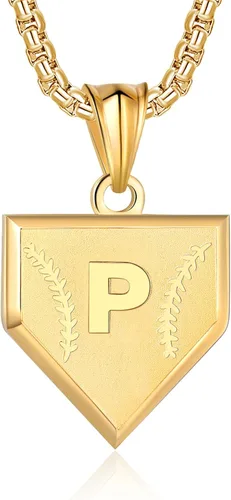 Miniatura 80 de Collar con inicial de la A a la Z para niños, de acero inoxidable, con dije de escudo de letra, cadena de 22 + 2 pulgadas, inspirador de béisbol