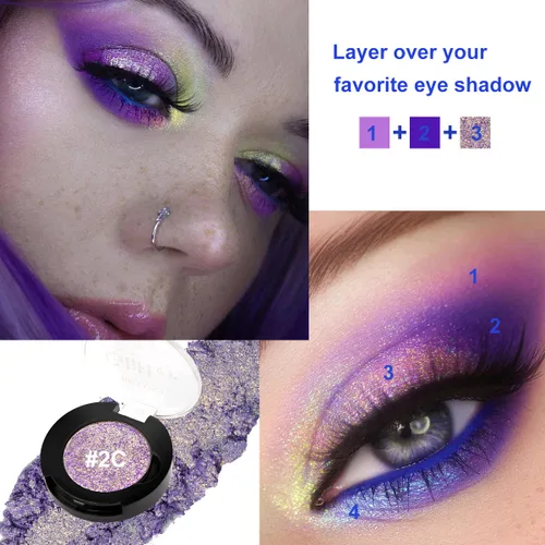 Miniatura 5 de Afflano Sombra de ojos única morado-dorado brillante, sombra de ojos multicolor cromo duo, sombra de ojos holográfica con purpurina, cambio