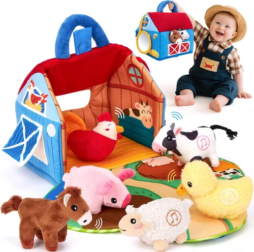 hahaland Juguetes para bebés de 6 a 12 meses – Granero sorpresa con animales de granja de peluche con sonidos reales – Juguetes Montessori para