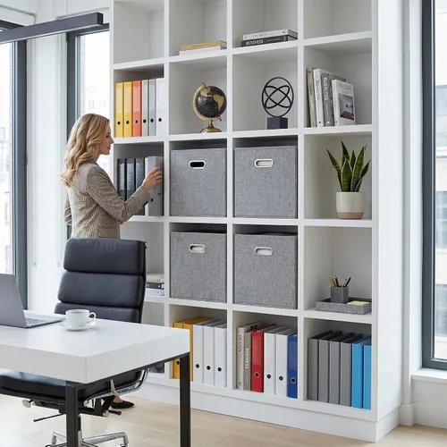 Miniatura 13 de Cubos de almacenamiento de tela gris de 12 x 12 pulgadas, paquete de 4 cubos organizadores plegables con aspecto de lino con asas, cestas plegables
