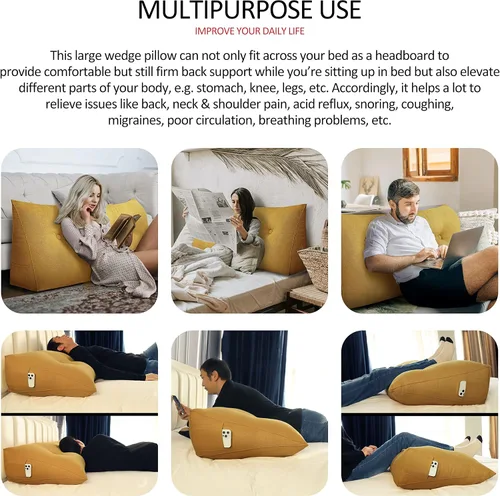 Miniatura 5 de Almohada de cuña para cabecero, almohada de lectura para sentarse en la cama, respaldo grande para adultos, almohada de refuerzo triangular