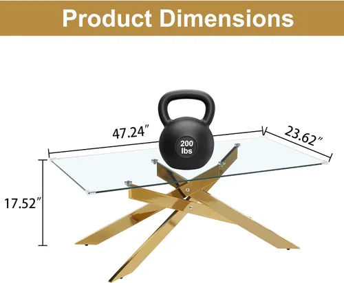 Miniatura 2 de Mesa de centro rectangular moderna de cristal, mesa central de vidrio templado y patas de metal chapado en oro para sala de estar, oficina en casa
