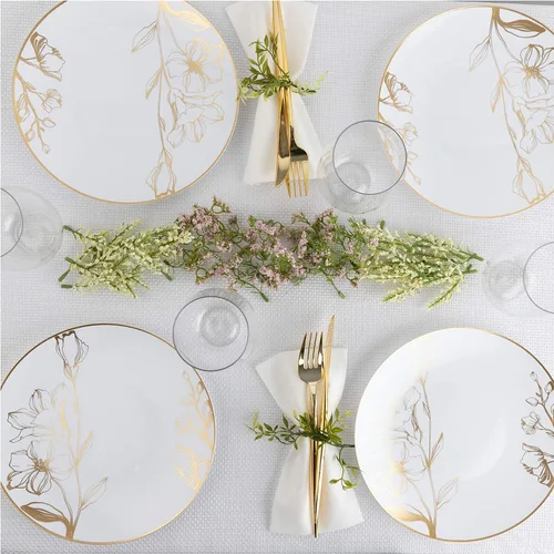Miniatura 5 de Platos de 7 pulgadas, 10 unidades, platos de fiesta de plástico blanco con diseño floral y borde dorado, vajilla desechable elegante de peso pesado