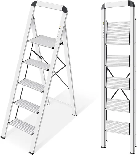 Miniatura 10 de KINGRACK Escalera de escalón, 2 escalones, escalera plegable con pasamanos, escalera antideslizante de seguridad plegable para el hogar, taburete