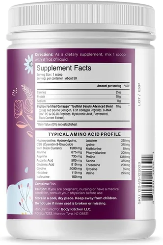 Miniatura 2 de Body Kitchen Youthful Beauty Advanced - Péptidos de colágeno en polvo y resveratrol y ácido hialurónico, 10 onzas y Pro-elastina, cantidad de 60