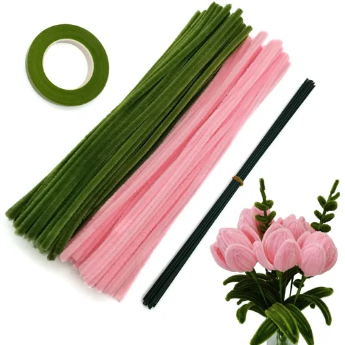 Miniatura 8 de Juego de 200 limpiapipas naranja verde oliva con alambres florales y cinta de jardinería, tallos de felpilla para hacer ramos de tulipanes, caqui