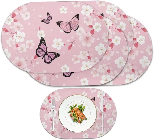 Miniatura 12 de Blue Flower Dining Table Mats Set of 2 Hummingbird Heat Resistant Placemats Washable and Wipeable Non Slip Place Mat, Waterproof Modern Dining Table