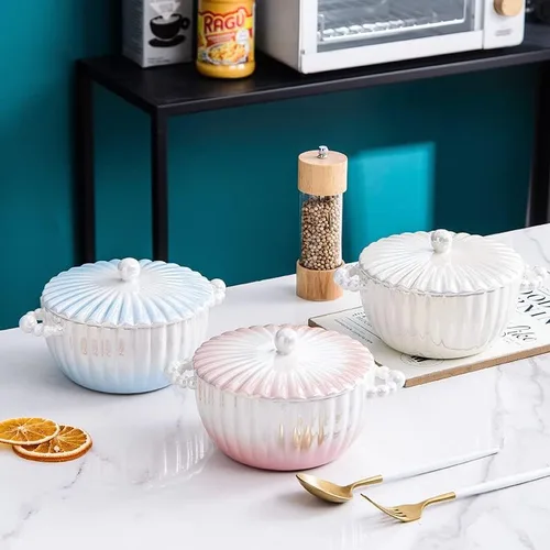 Miniatura 2 de Creamic - Tazón de yogur con tapa, 33 onzas, moderno, degradado, ligero, fiesta de lujo para ensaladas y frutas, vajilla de cocina, color rosa