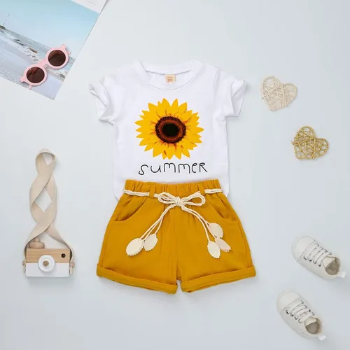 Miniatura 2 de FOCUTEBB Conjunto de ropa corta de verano para niñas pequeñas, camiseta de lino con cinturón