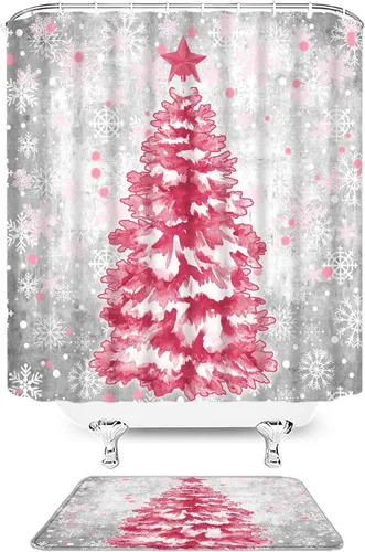 Miniatura 36 de Juego de 4 cortinas de ducha de muñeco de nieve con alfombra, diseño de árbol de pinos de invierno, lindo muñeco de nieve azul, juego de baño
