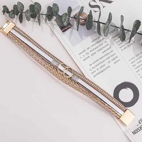 Miniatura 5 de FANCY SHINY Pulseras bohemias de cuero con cuentas doradas para mujer, apilables con cierre magnético