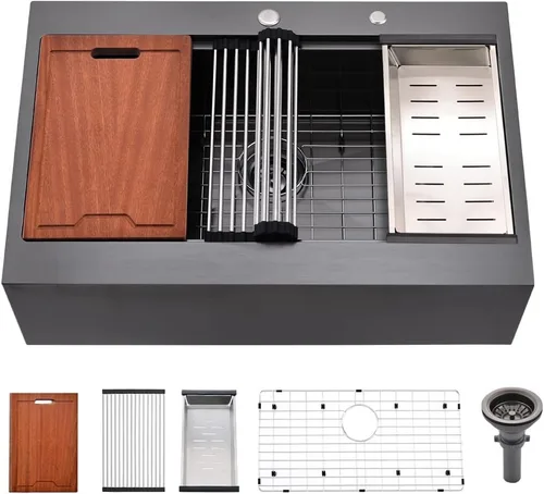 Miniatura 12 de Estación de trabajo de fregadero de granja de acero inoxidable negro de 30 pulgadas - Bokaiya Fregadero de granja de cocina frontal con delantal
