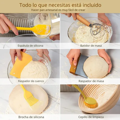 Miniatura 5 de BAVIFY Kit Inicial para Masa Madre, Juego de Cestas Redondas de 9" y Ovaladas de 10" para Prueba de Pan Banneton, Suministros para Hornear Pan