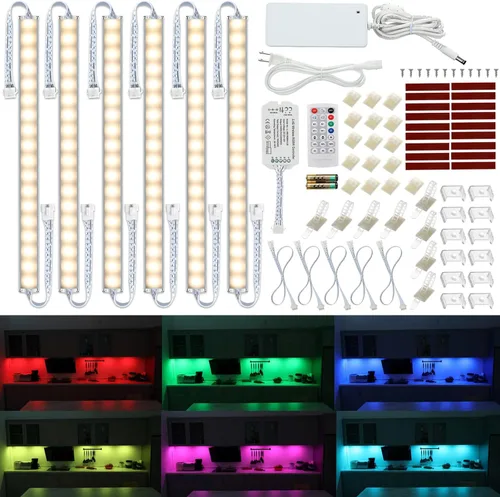 Luz LED para debajo del gabinete de cocina. RGBW. Cambio de color y luz blanca fría superbrillante. Control remoto con atenuación. 6 barras de luz