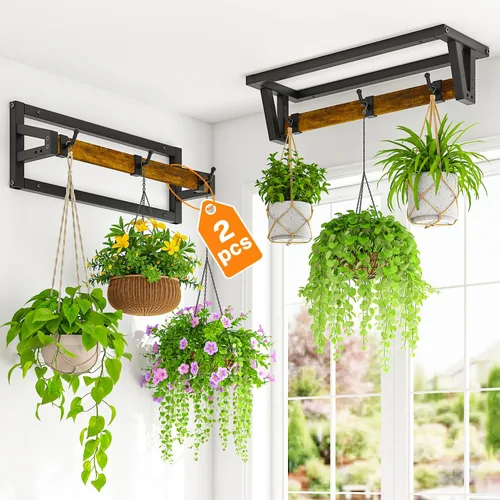 Miniatura 16 de LASZOLA 2 piezas de estantes de pared para plantas con ganchos para macetas de interior, soportes flotantes de ventana de metal resistente para Negro