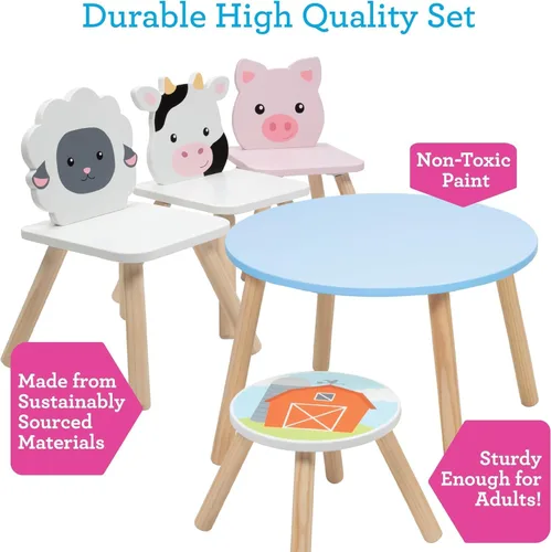 Miniatura 3 de Juego de mesa y silla de animales de madera para niños con 4 asientos, lindo para artes y manualidades de Pascua, ovejas de cerdo de vaca y taburete