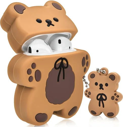 Lindas fundas para AirPods con llavero de oso de dibujos animados, diseño de oso de galleta, funda de silicona protectora completa compatible con