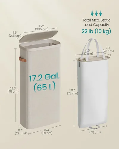 Miniatura 6 de SONGMICS Cesta de lavandería de 17.2 galones, fácil montaje, con tapa y asas, forro extraíble, 15.4 x 8.7 x 29.5 pulgadas, beige capuchino